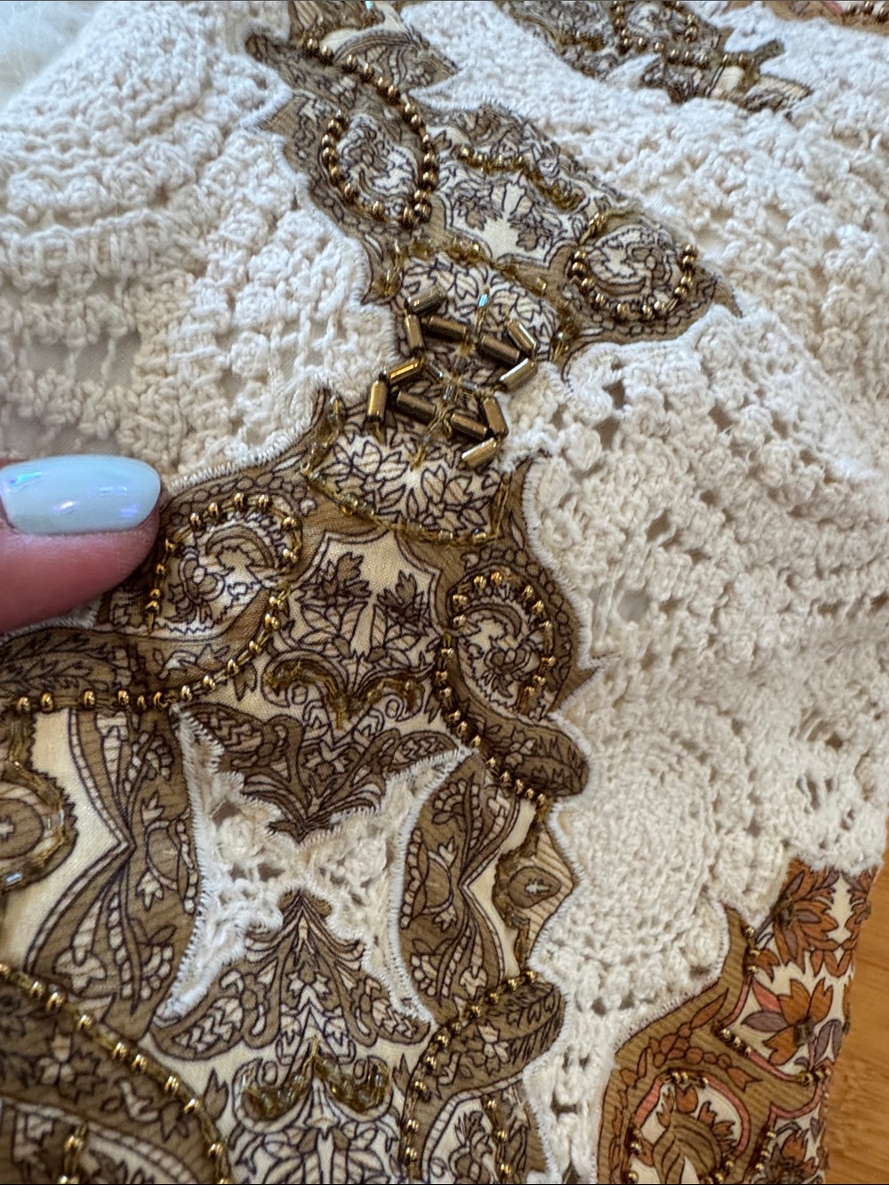 Soft Surroundings Cream and Brown Brocade Coat with Faux Fur Trim - Picture 3 of 8